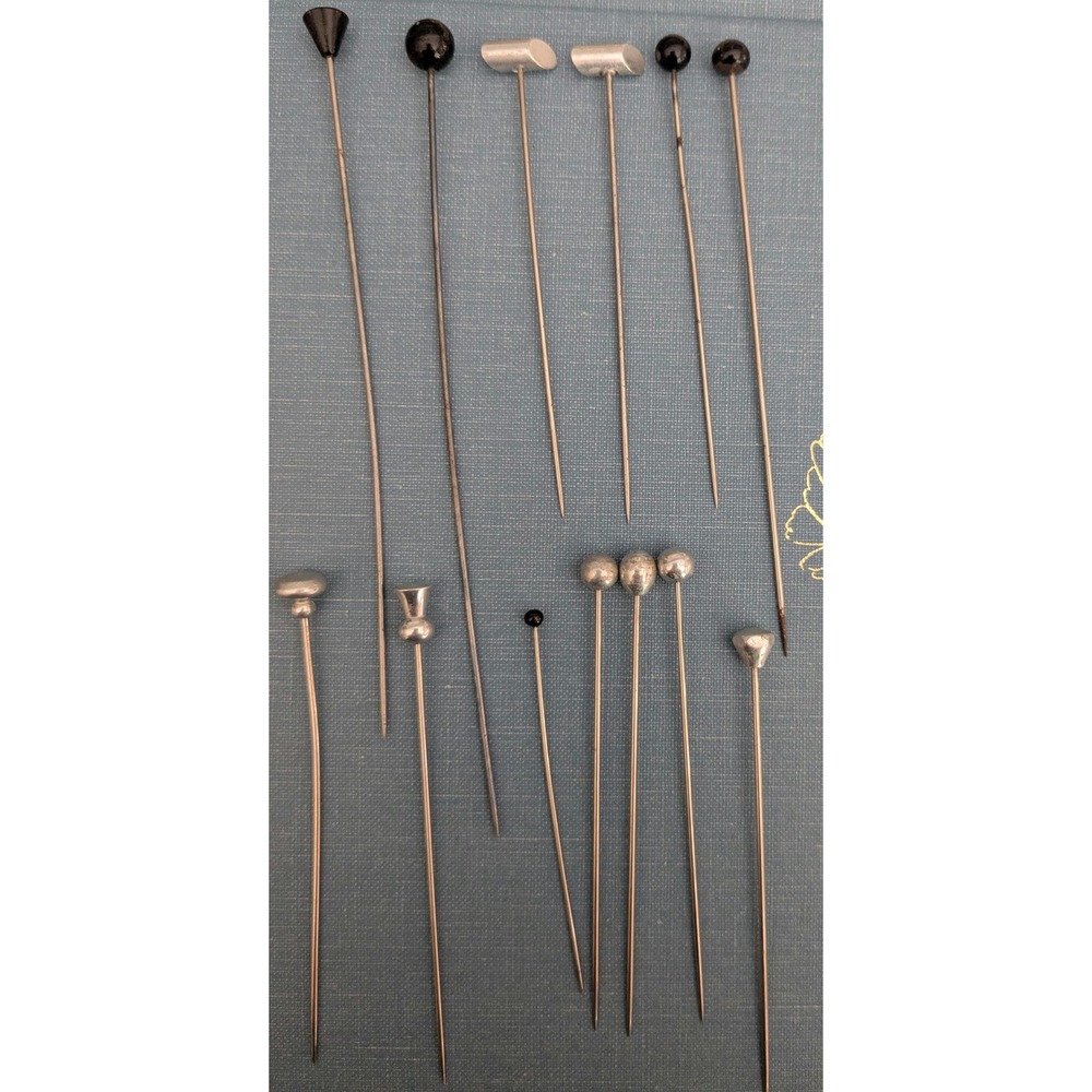 Lot of 13 Vintage Hat Pins Black Silver Tone Millinery Stick Pins 3 to 5 Inch